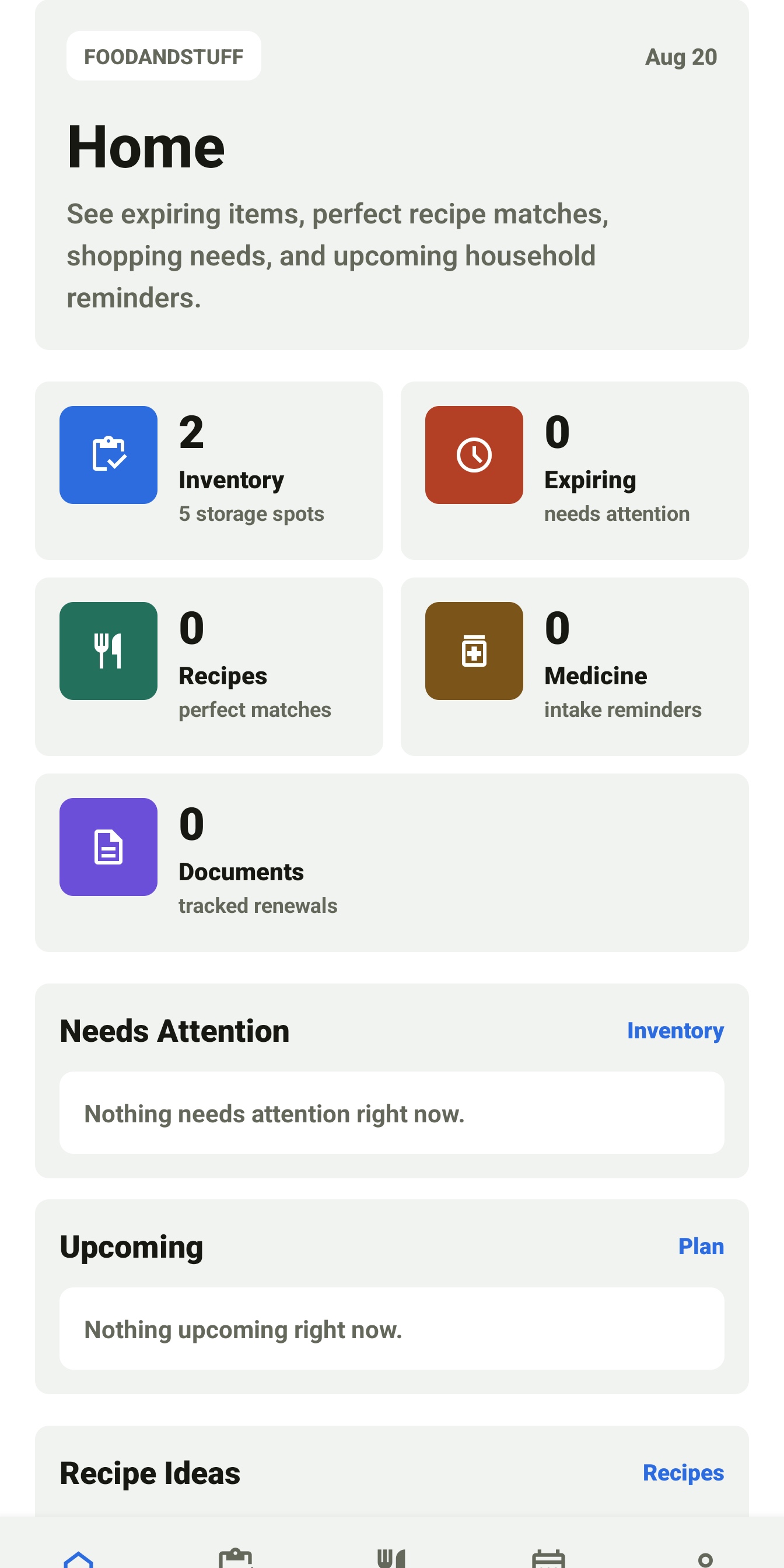 FoodAndStuff home dashboard