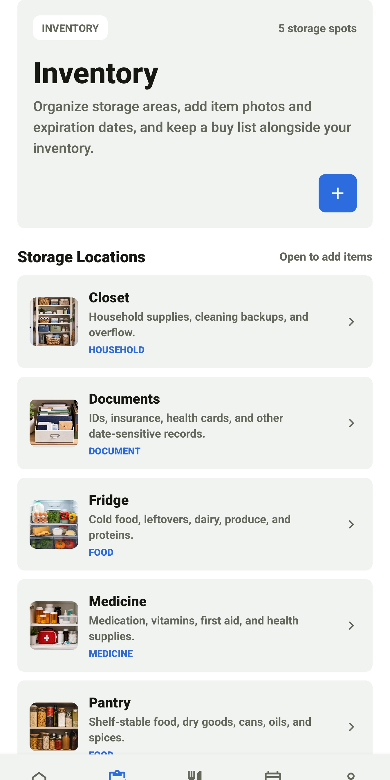 Inventory organized by storage location